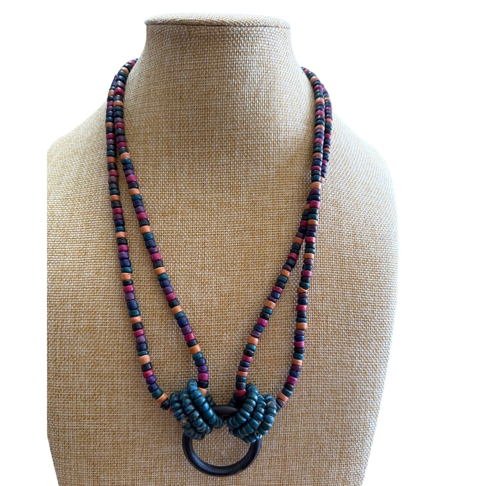 Boho Multicolor Wooden Bead Double Strand Necklace Teal Purple Orange Ring Artsy